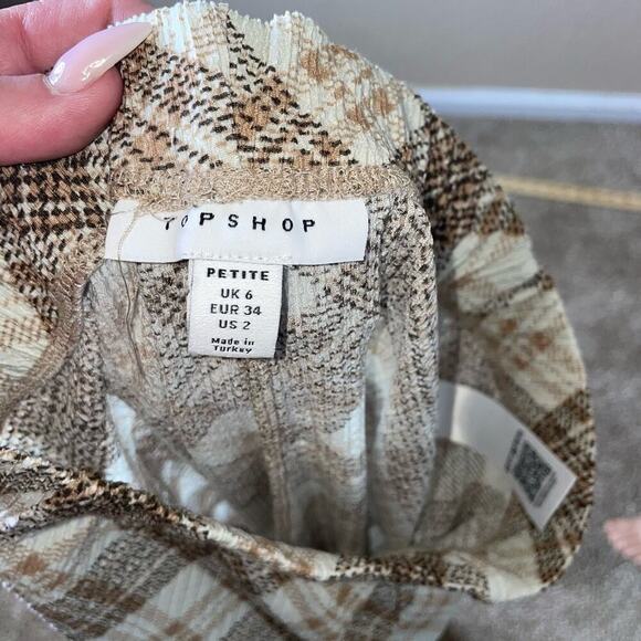 Topshop Petite high waisted bengaline flared pants tan check Stretch US SZ sm - Picture 8 of 11